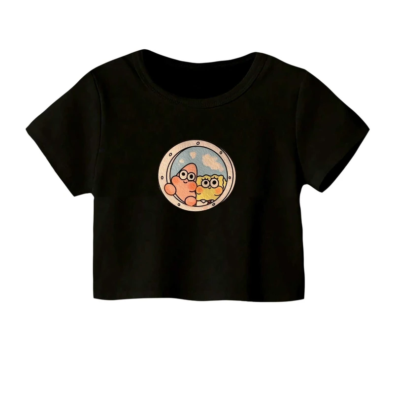 کراپ‌ تی‌شرت آستین کوتاه زنانه مدل باب اسفنجی و پاتریک کد۱