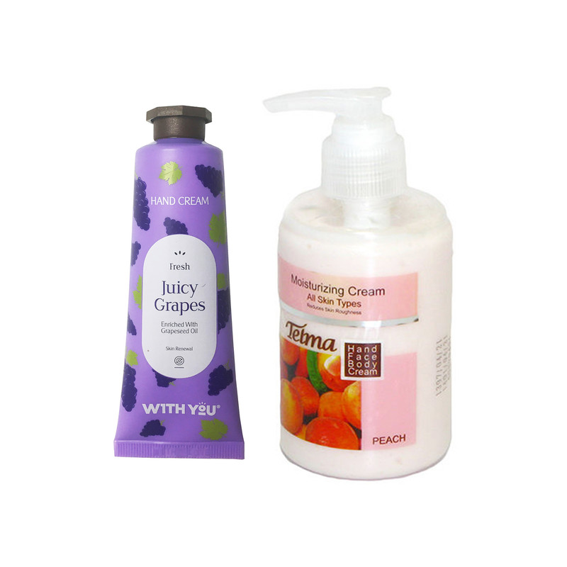 کرم آبرسان و مرطوب کننده تلما مدل هلو حجم 200 میلی لیتر به همراه کرم مرطوب کننده ویت یو مدل Juicy Grapes حجم 50 میلی لیتر 