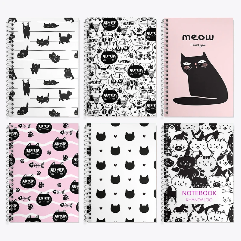 دفتر زبان 50 برگ خندالو مدل دو خط طرح گربه بامزه کد 111 مجموعه 6 عددی