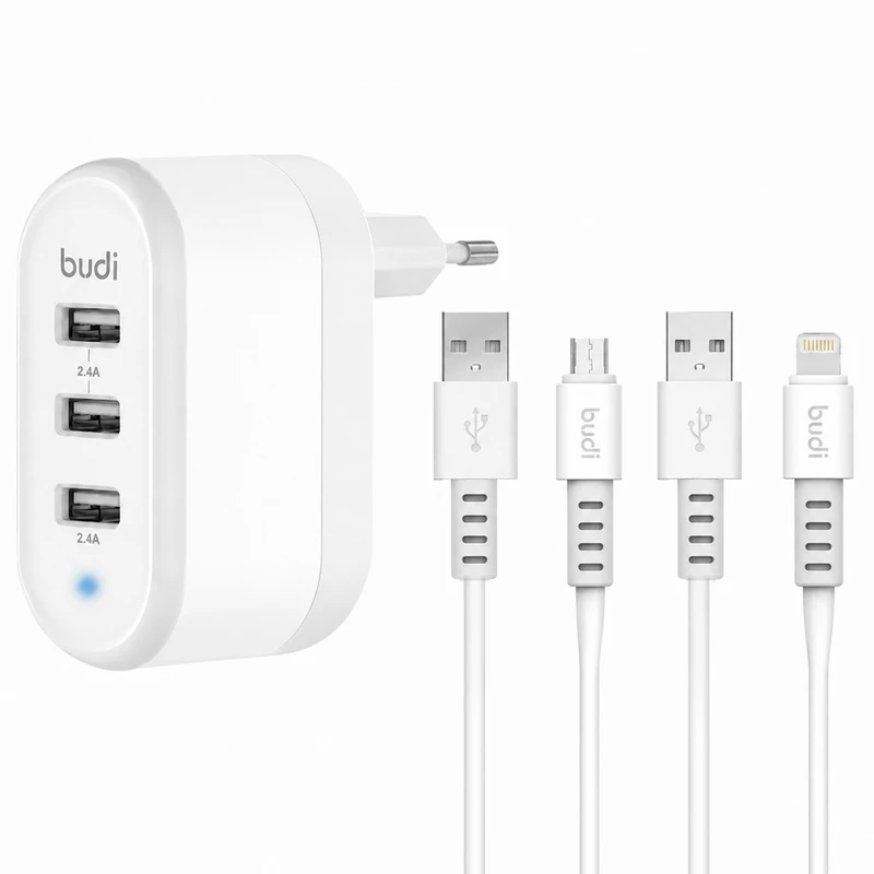 شارژر دیواری 24 وات سه پورت بودی مدل M8J312EM به همراه کابل تبدیل USB-A به Micro-USB و USB-A  به لایتنینگ