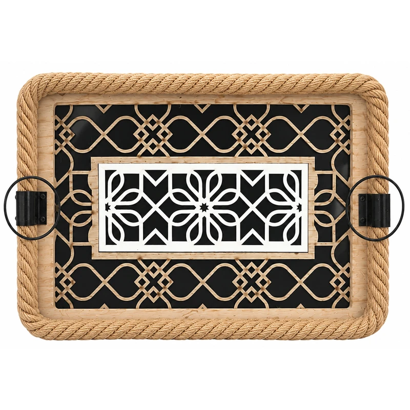 سینی دسته دار طرح گل و حصیر کد g-2 سایز 39x28 سانتی متر