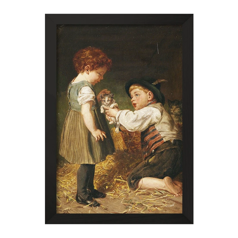 تابلو خندالو مدل نقاشی دو بچه با گربه ها اثر فلیکس شلزینگر کد F12311