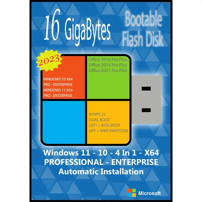 سیستم عامل Windows 11 10 Pro. Ent. 4In1 X64 2023 Office 2016-19-21 نشر مایکروسافت
