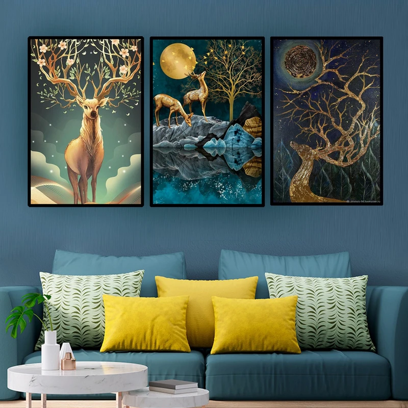 تابلو بکلیت طرح دکوراتیو طبیعت و گوزن مدل B-MR-1002 فریم مشکی مجموعه 3 عددی