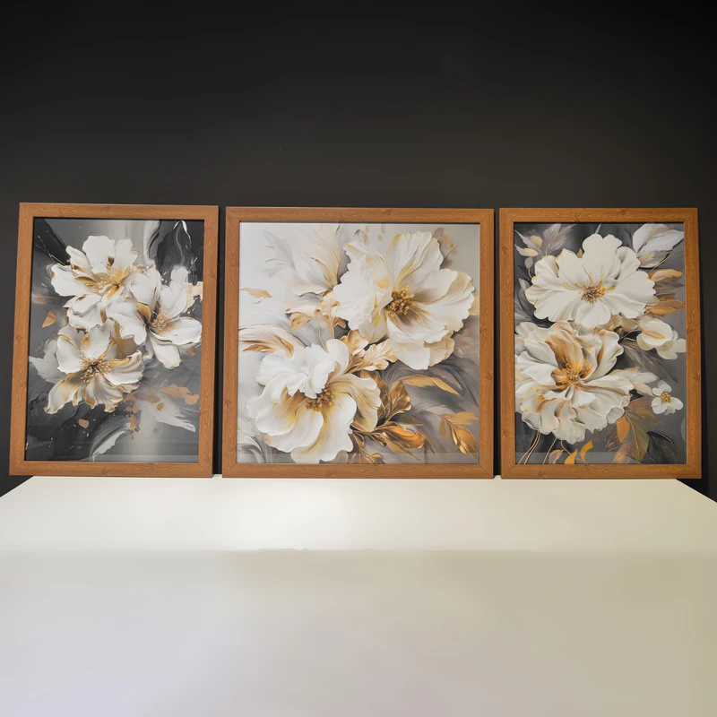 تابلو طرح شکوفه کد ABS01 فریم قهوه ای مجموعه 3 عددی
