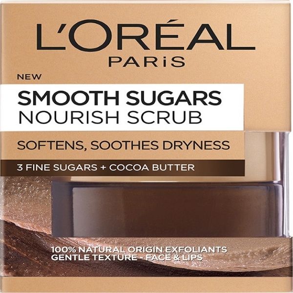 اسکراب صورت و لب لورآل مدل smooth sugars Nourish Cocoa حجم 50 میلی لیتر