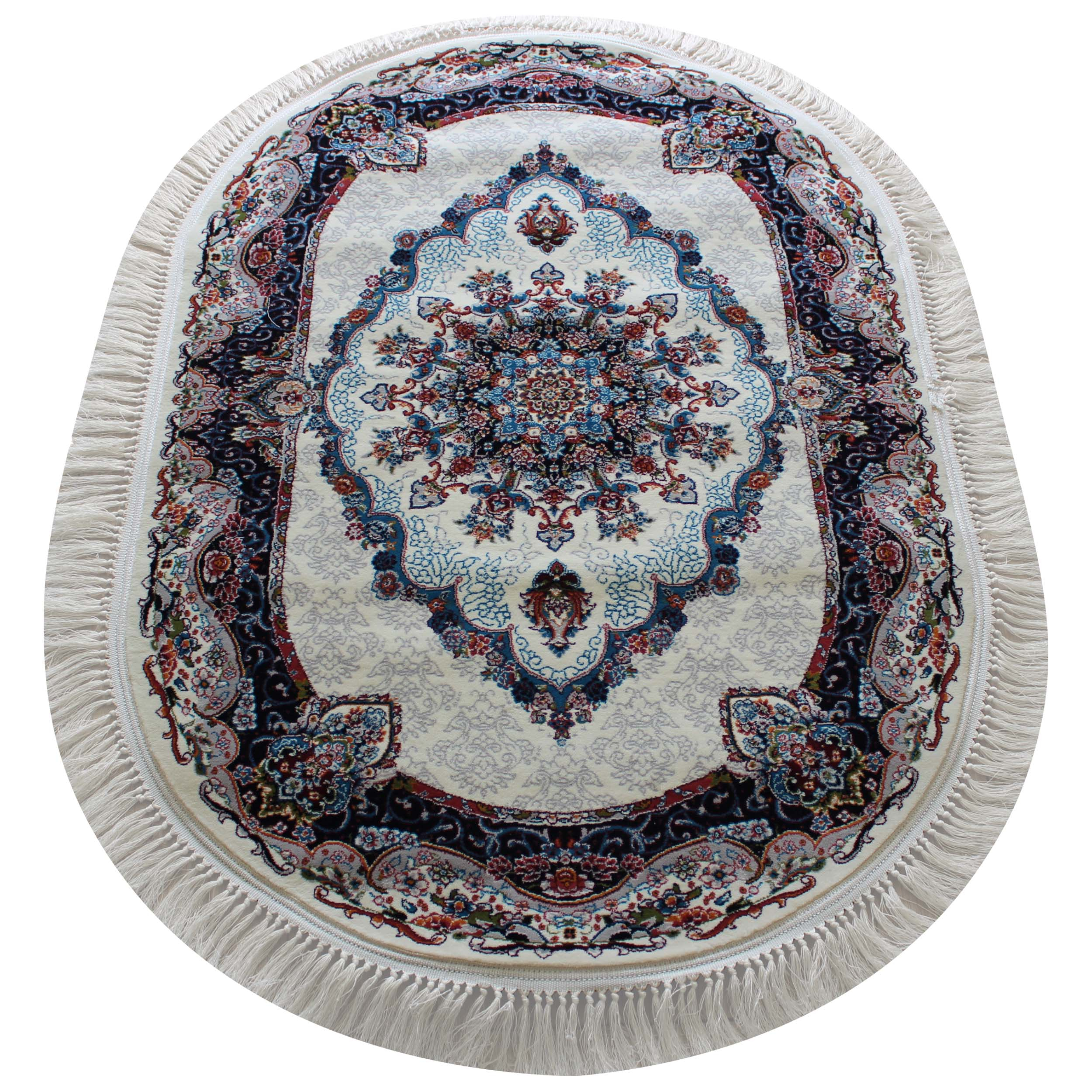 فرش ماشینی مدل بیضی طرح نیلا زمینه کرم