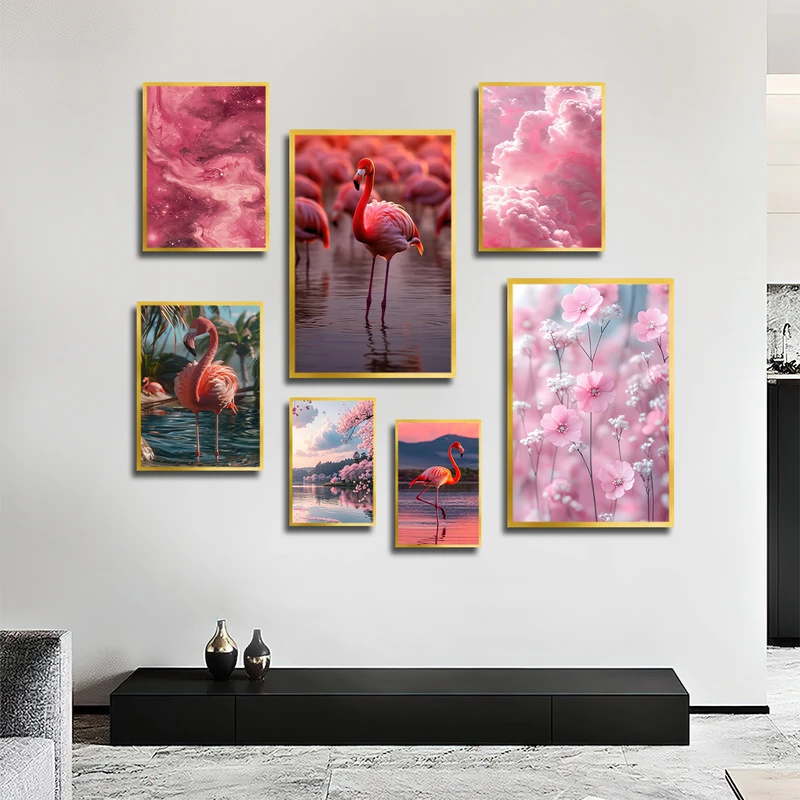 تابلو بکلیت طرح طبیعت و فلامینگو مدل T-3219 فریم طلایی مجموعه 7 عددی