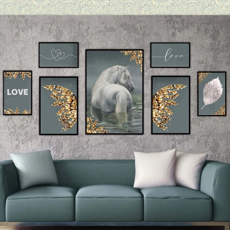 تابلو بکلیت طرح اسب سفید و بال طلایی مدل شاین اکلیلی B-2218 فریم مشکی مجموعه 7 عددی