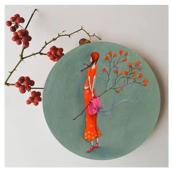 بشقاب دیوارکوب سفالی طرح دختر بهاری کد 14