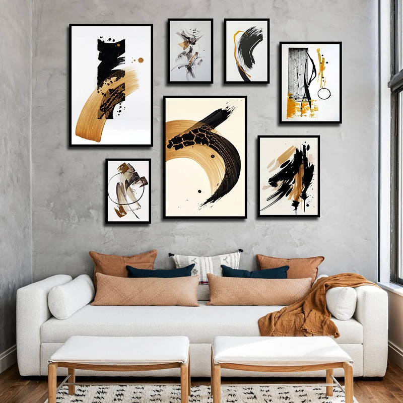 تابلو بکلیت طرح مدرن نقاشی خطوط مدل B-3510 فریم مشکی مجموعه 7 عددی