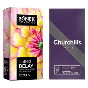کاندوم چرچیلز مدل Classic Delay بسته 12 عددی به همراه کاندوم بونکس مدل Dotted Delay بسته 12 عددی 