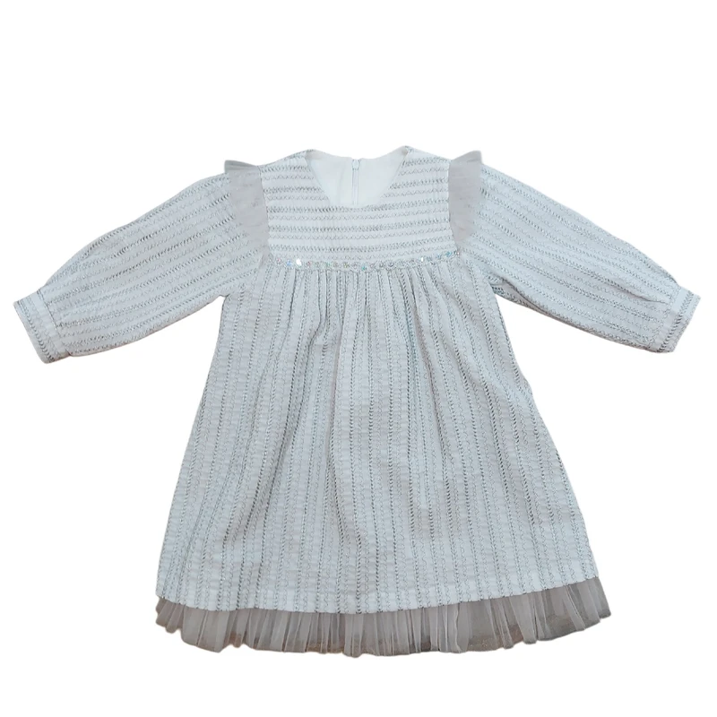 پیراهن آستین بلند یقه گرد دخترانه مدل سوزندوری طرح گندم رنگ نقره ای