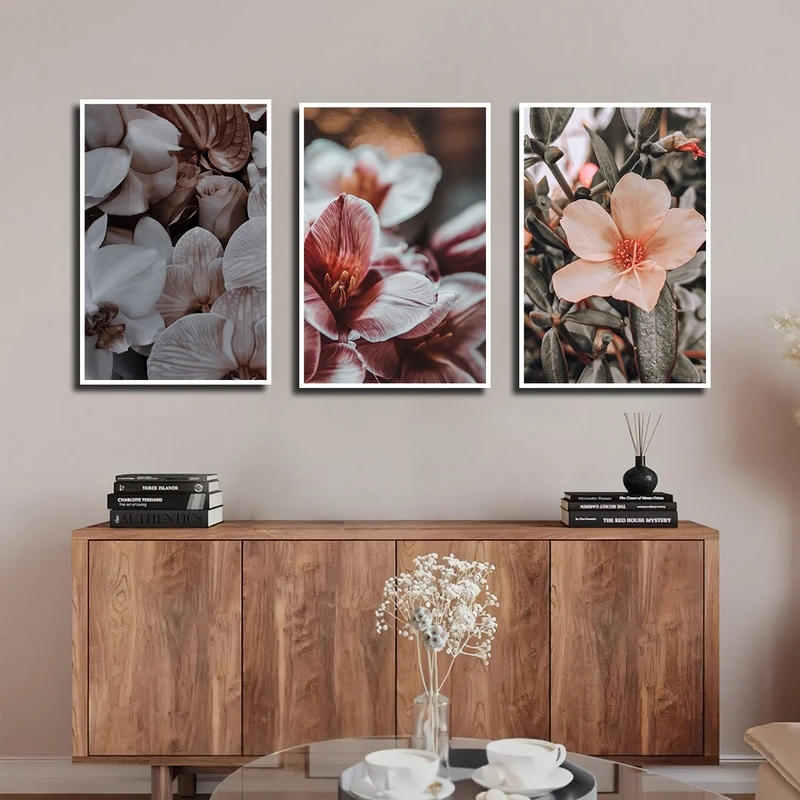 تابلو بکلیت طرح طبیعت و گل کاغذی مدل W-3933 فریم سفید مجموعه 3 عددی