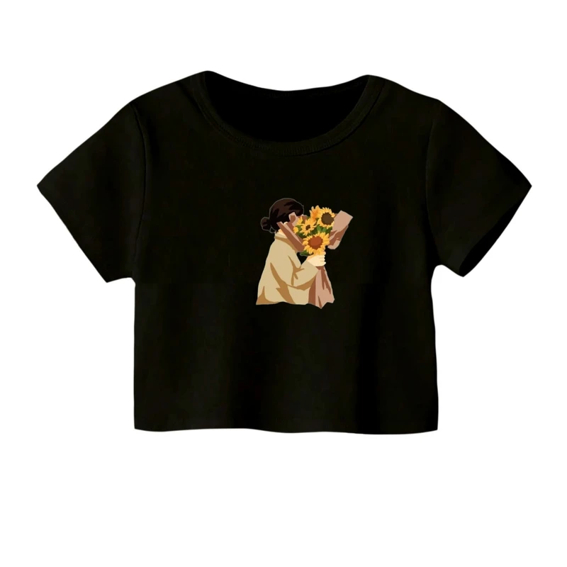 کراپ‌ تی‌شرت آستین کوتاه زنانه مدل گل و دختر