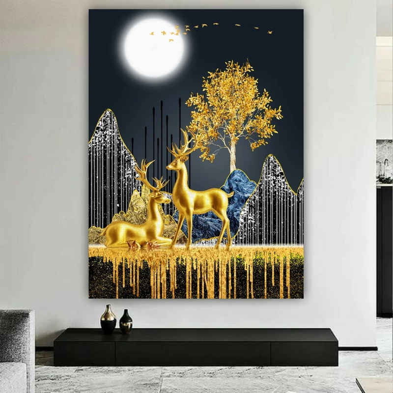 تابلو بوم طرح مخمل نقاشی انتزاعی گوزن و صخره مدل شب مهتابی کد BK23082