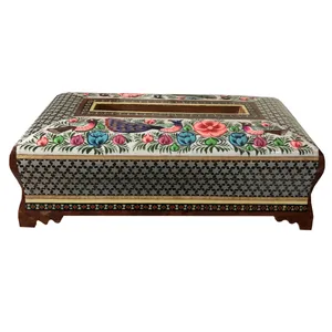 جعبه دستمال کاغذی خاتم کاری طرح گل و مرغ کد 1078