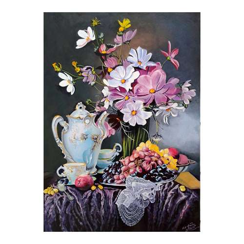 تابلو نقاشی رنگ روغن طرح گلدان گل کد 710