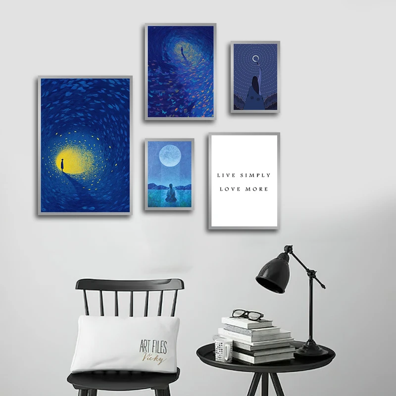 تابلو بکلیت طرح منظره شب و دخترک تنها و جمله انگیزشی مدل SI-3429 فریم نقره ای مجموعه 5 عددی