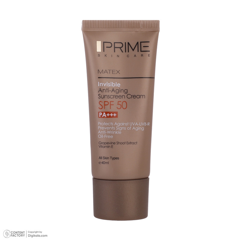 کرم ضدآفتاب و جوان‌کننده بی‌رنگ پرایم SPF50 مدل Matex مناسب انواع پوست، حجم 40 میلی‌لیتر