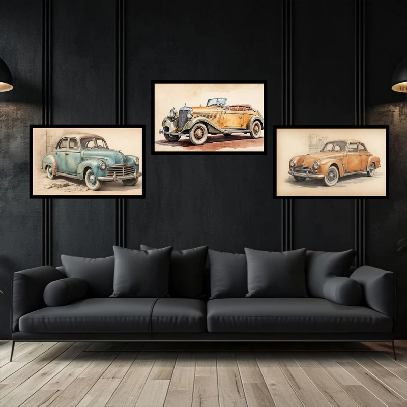 تابلو بکلیت طرح دکوراتیو نوستالژی  ماشین قدیمی مدل B-bu3769 مجموعه 3 عددی