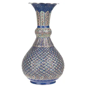 گلدان مسی میناکاری شده اثر اسماعیلی مدل خمره ای طرح خانه بندی ریز ارتفاع 30 سانتی متر