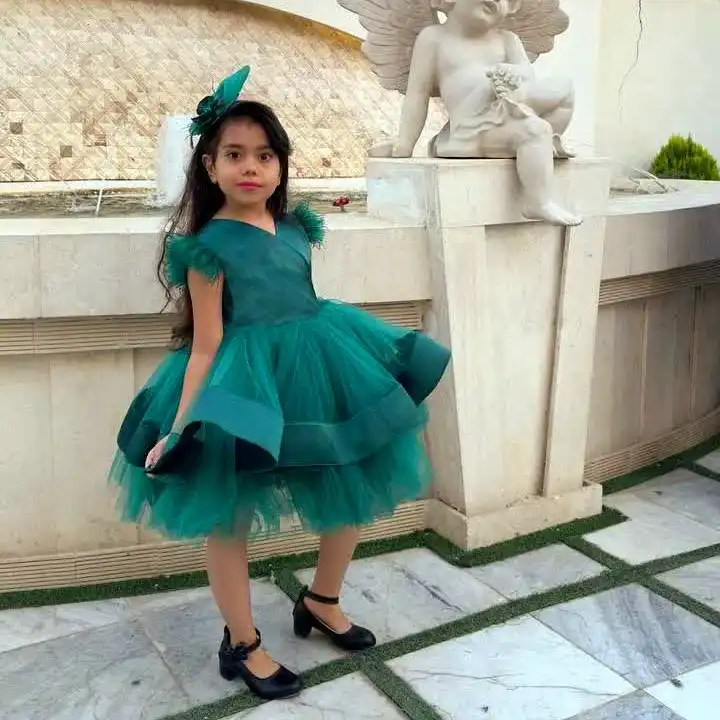 ست پیراهن و گیره مو دخترانه مدل مجلسی مهمانی پرنسسی پفی عروس رنگ سبز