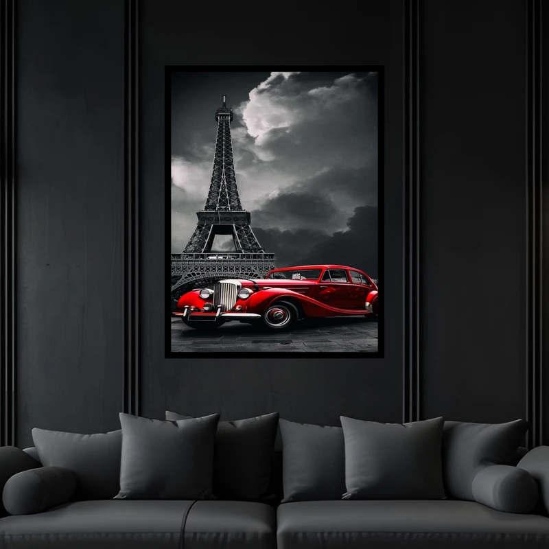 تابلو بکلیت طرح مدرن ماشین قدیمی نوستالژی و برج ایفل مدل B-bu6815 فریم مشکی