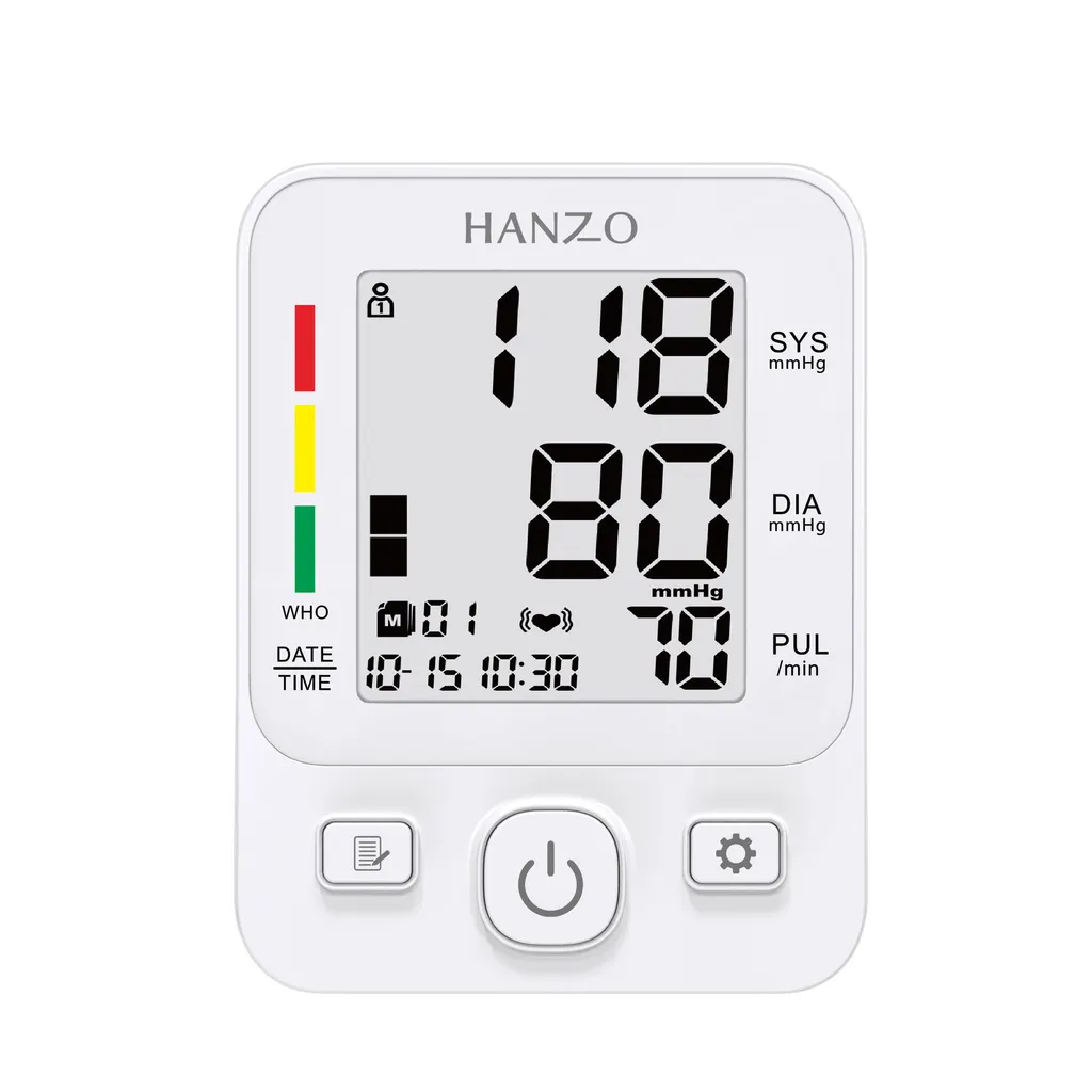 فشارسنج بازویی دیجیتال هانزو مدل 806 با نمایشگر LED، ظرفیت حافظه 99 رکورد، دو پروفایل کاربر، اندازه‌گیری فشار خون و ضربان قلب، هشدار آریتمی، نمایش تاریخ و میانگین نتایج، منبع تغذیه برق و باتری، کابل Type-C و کیف