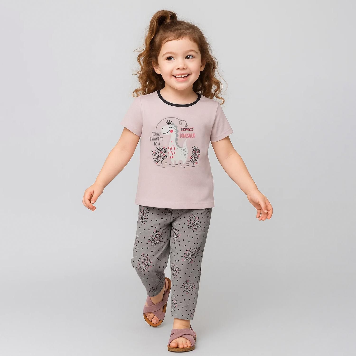 ست تی شرت و شلوار دخترانه ناربن مدل دایناسور رنگ صورتی -  - 1