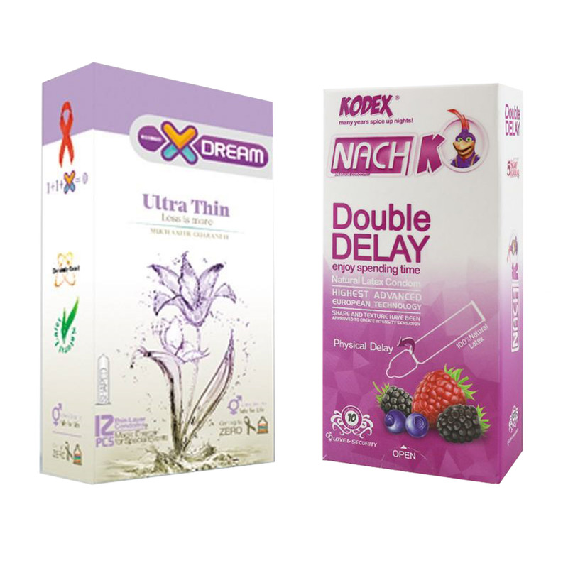 کاندوم ایکس دریم مدل بسیار نازک بسته 12 عددی به همراه کاندوم تاخیری کدکس مدل Double Delay بسته 10 کاندوم ایکس دریم مدل بسیار نازک بسته 12 عددی به همراه کاندوم تاخیری کدکس مدل Double Delay بسته 10