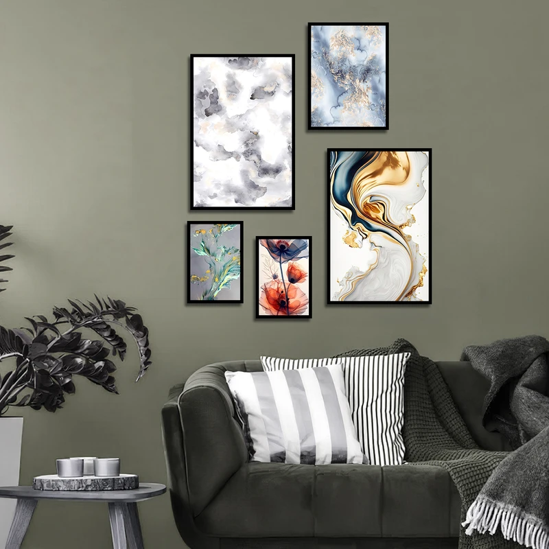تابلو بکلیت طرح مدرن نقاشی آبستره و گل مدل B-3328 فریم مشکی مجموعه 5 عددی