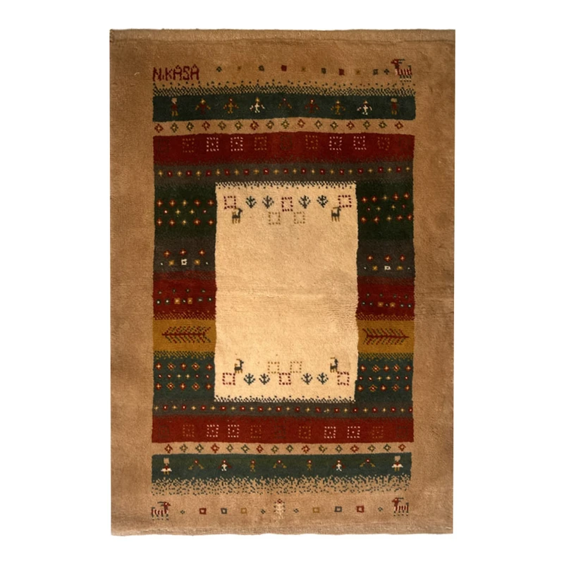 گبه دستبافت قشقایی یک متری نرمین کسا کد NKP.RJ0067 زمینه کرم