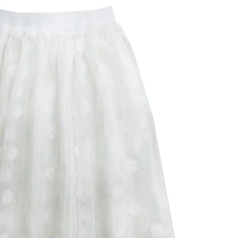 دامن چین‌دار زنانه مدل توری بابونه رنگ سفید