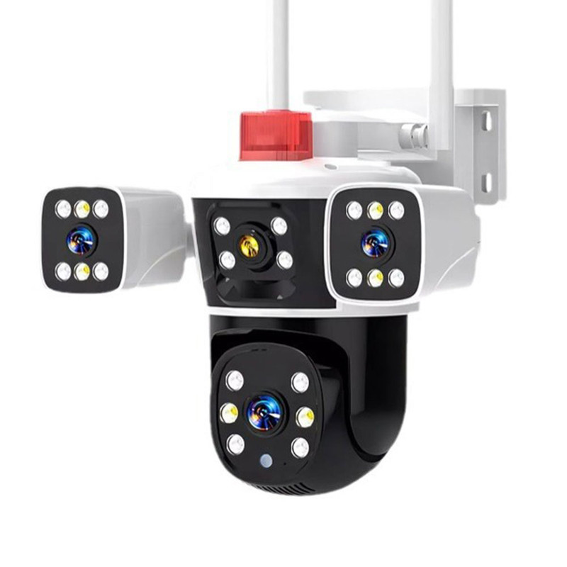 دوربین مداربسته تحت شبکه سیم‌کارتی 3 مگاپیکسلی مدل QQ849-WP-4-4G، دارای 3 لنز، اتصال 4G، چرخش افقی و عمودی، دید در شب، تشخیص حرکت، تعقیب سوژه، مکالمه دوطرفه، پشتیبانی از کارت حافظه Micro SD تا 256 گیگابایت و استاندارد ضدآب IP66