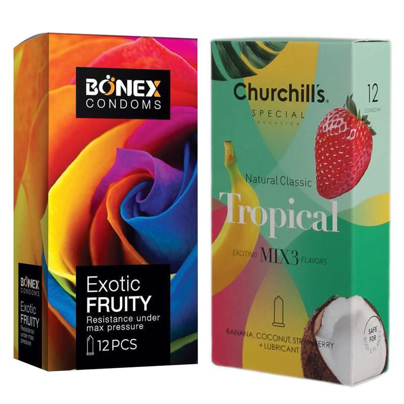 کاندوم چرچیلز مدل Tropical بسته 12 عددی به همراه کاندوم بونکس مدل Exotic Fruity بسته 12 عددی کاندوم چرچیلز مدل Tropical بسته 12 عددی به همراه کاندوم بونکس مدل Exotic Fruity بسته 12 عددی