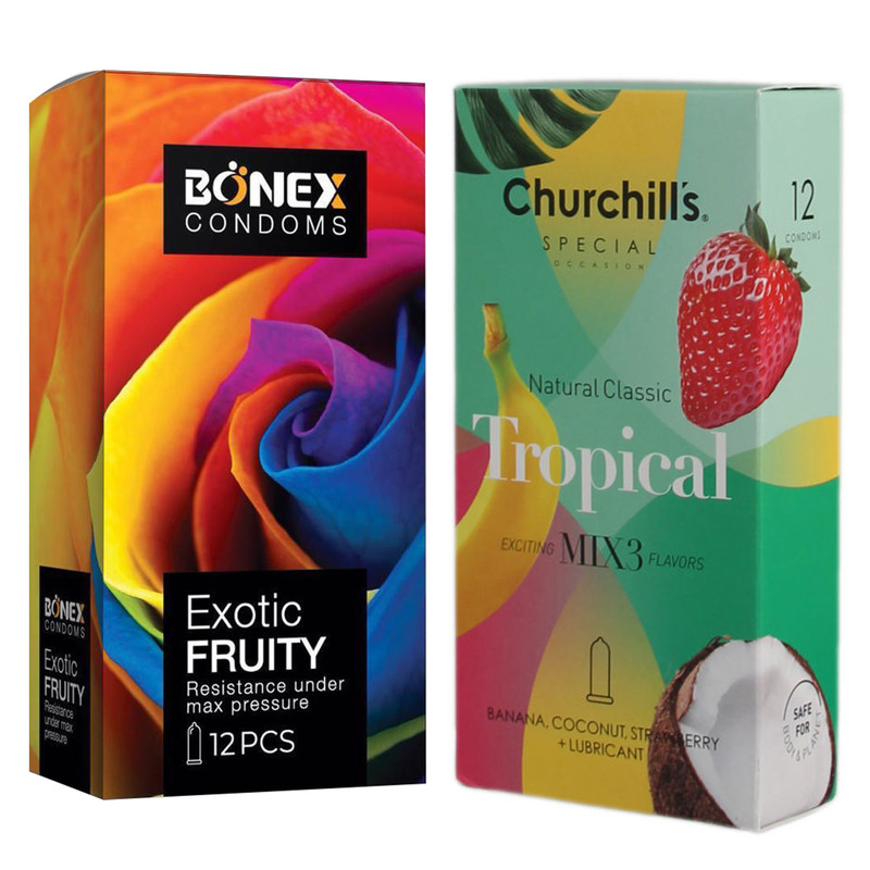 کاندوم چرچیلز مدل Tropical بسته 12 عددی به همراه کاندوم بونکس مدل Exotic Fruity بسته 12 عددی کاندوم چرچیلز مدل Tropical بسته 12 عددی به همراه کاندوم بونکس مدل Exotic Fruity بسته 12 عددی