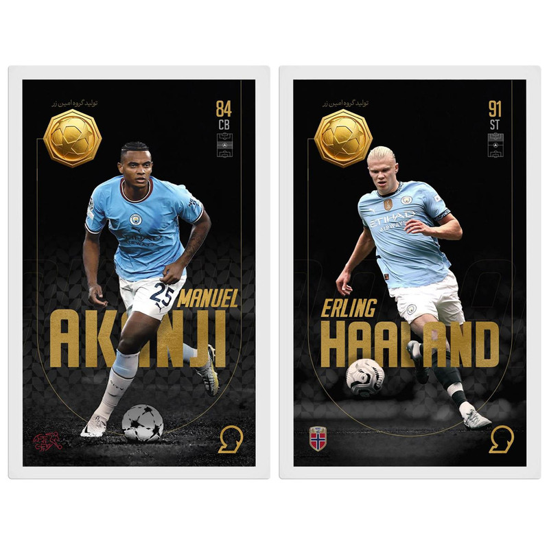 طلا گرمی 18 عیار سوت مدل ارلینگ هالند و مانوئل آکانجی طرح کارت فوتبالی 2025 کد SO10054SO10002 مجموعه 2 عددی