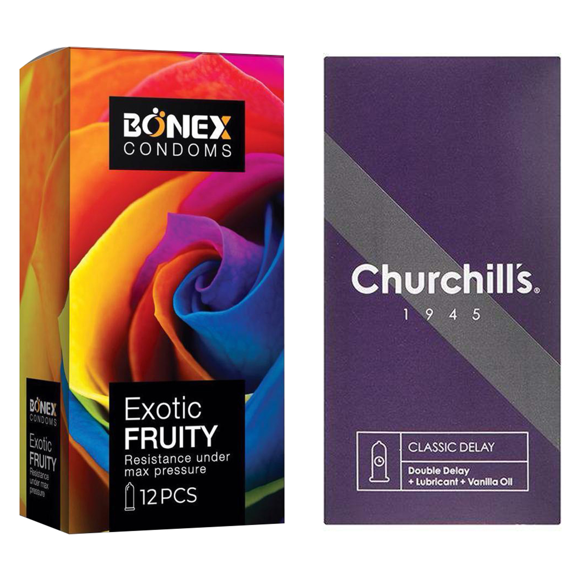 کاندوم چرچیلز مدل Classic Delay بسته 12 عددی به همراه کاندوم بونکس مدل Exotic Fruity بسته 12 عددی 