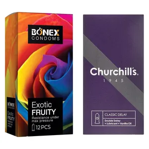 کاندوم چرچیلز مدل Classic Delay بسته 12 عددی به همراه کاندوم بونکس مدل Exotic Fruity بسته 12 عددی 