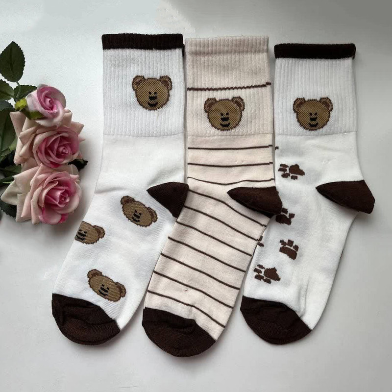 جوراب ساق بلند بچگانه مدل خرسی مجموعه 3 عددی