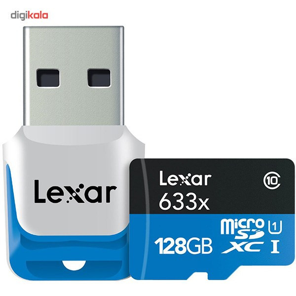 کارت حافظه microSDXC لکسار مدل High-Performance کلاس 10 استاندارد UHS-I U1 سرعت 633X همراه با ریدر USB 3.0 ظرفیت 128 گیگابایت