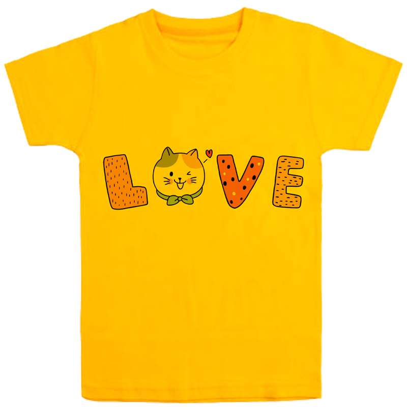 تی شرت آستین کوتاه دخترانه مدل D91 LOVE رنگ زرد