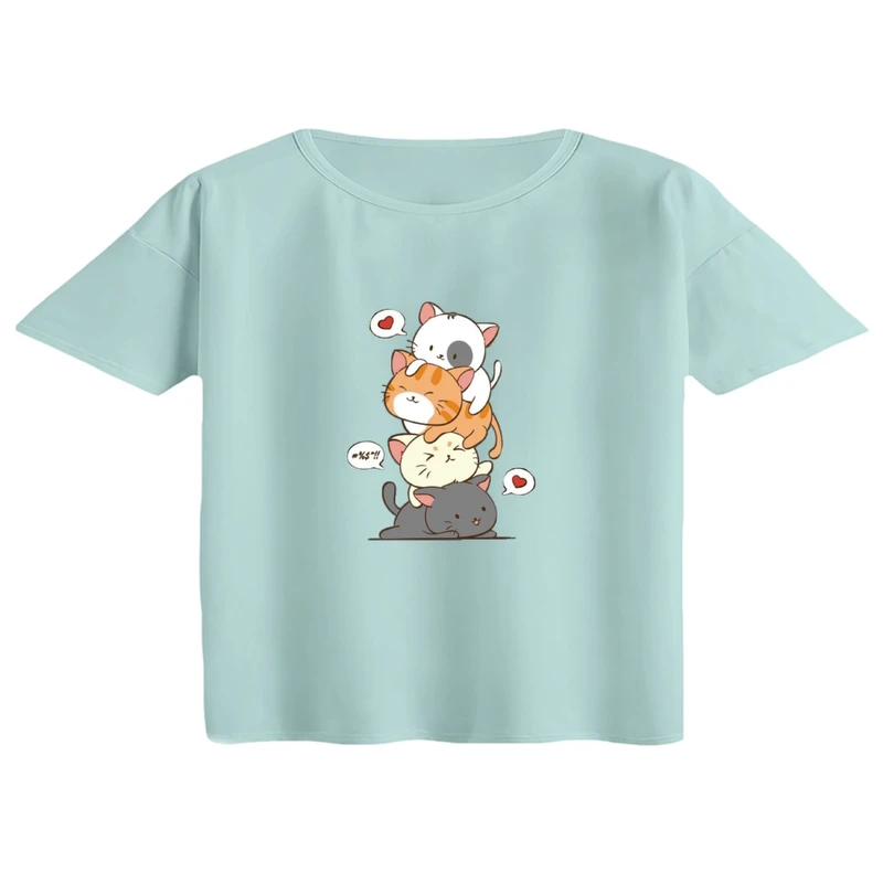 کراپ تی‌شرت آستین کوتاه زنانه مدل گربه های چاق