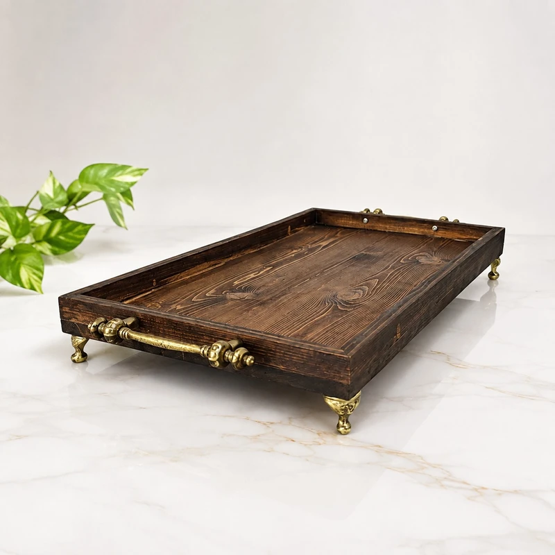 سینی دسته دار مدل چوبی طرح مستطیل کد 2311 سایز 45x27 سانتی متر