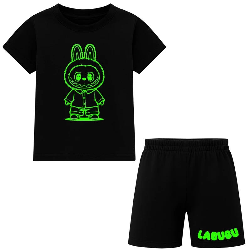 ست تی شرت آستین کوتاه و شلوارک راحتی دخترانه مدل E16 طرح LABUBU