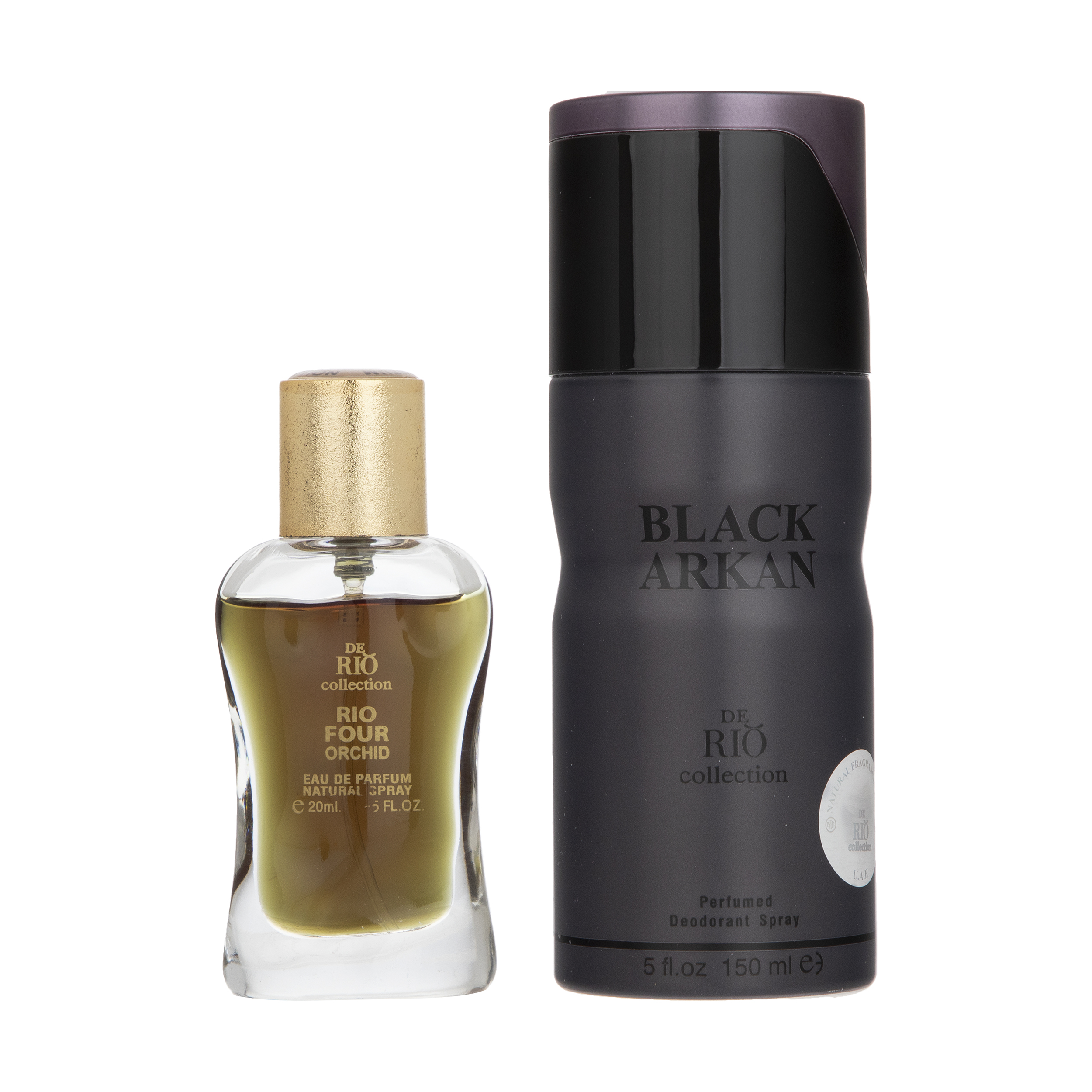 عطر جیبی مردانه ریو کالکشن مدل Four Orchid حجم 20 میلی لیتر به همراه اسپری بدن مردانه مدل black Arkan حجم 150 میلی لیتر 