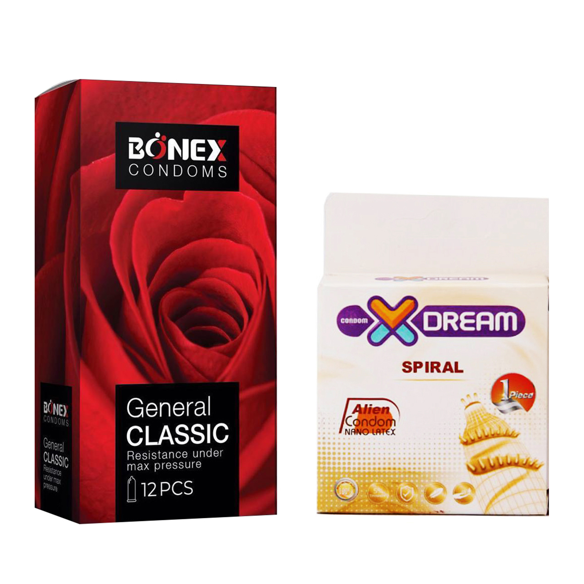 کاندوم بونکس مدل General Classic بسته 12 عددی به همراه کاندوم ایکس دریم مدل Spiral