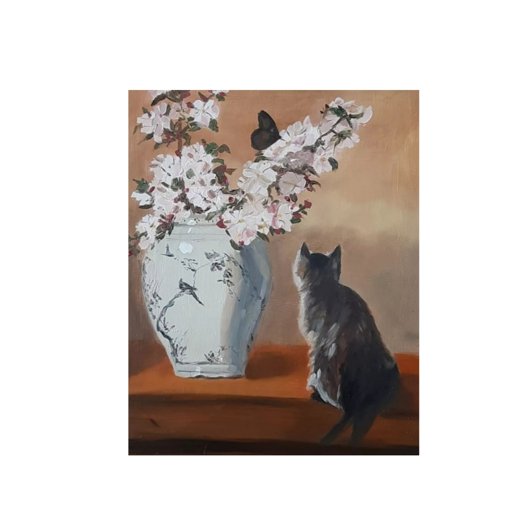 تابلو نقاشی رنگ روغن طرح گربه و پروانه