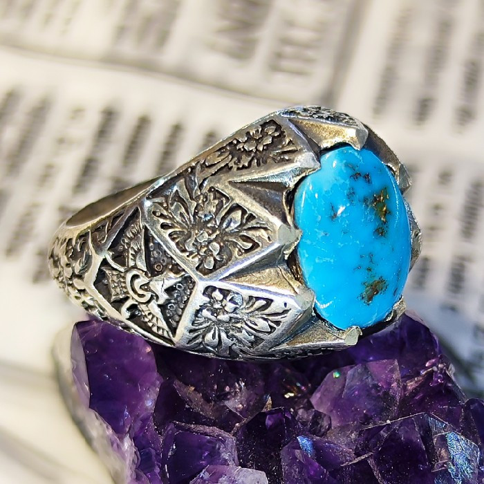 انگشتر نقره مردانه مدل سنگ فیروزه نیشابور رکاب دست ساز کد 6488